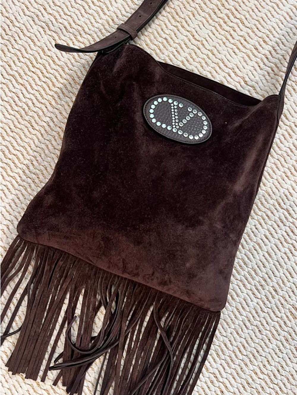 Valentino Suede Fringe Shoulder Bag in Dark Brown